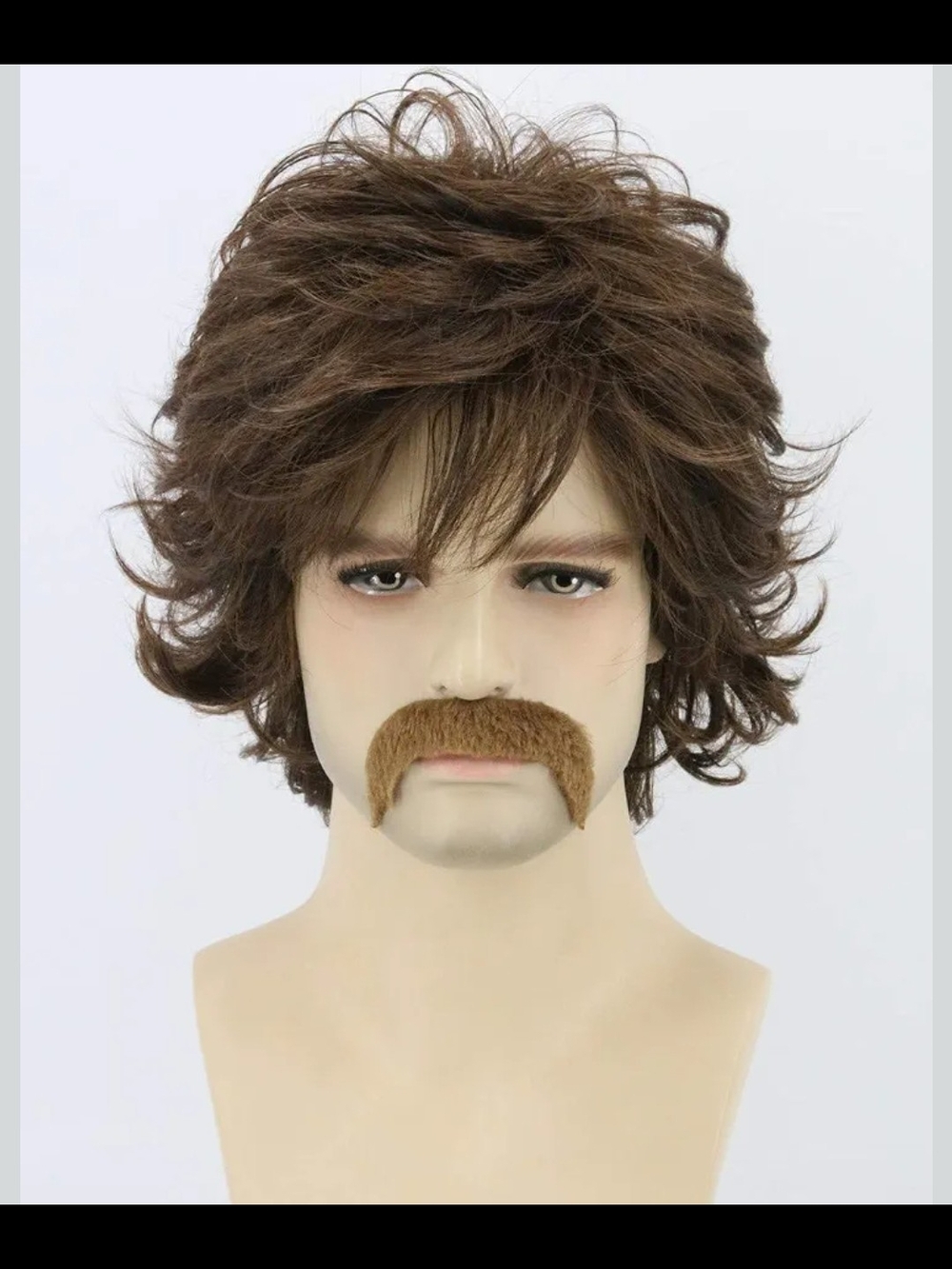 70s Men's Wig Set Rockstar Hippie Wig for Men Shaggy Brown Wig w/ Fake Mustache - Picture 4 of 13
